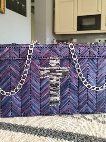 Handmade Bible / Book Bag / Shoulder Bag / Woven on Plastic Canvas with King Cole Raffia in Amythyst  - For Display or Occasional Use