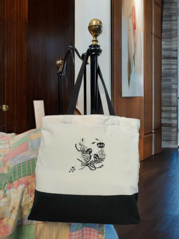 New Black and White Canvas Tote Bag, with Butterfly and Floral Bouquet Embrodery - Made to order in the UK!