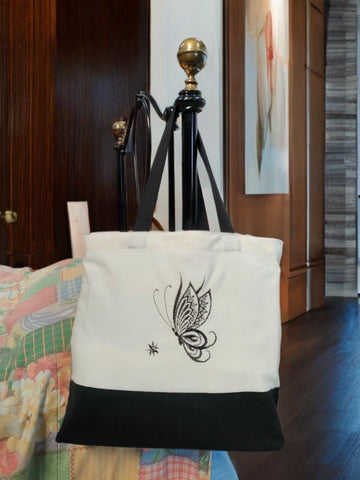 New Black and White Canvas Tote Bag, with Butterfly and Floral Bouquet Embrodery - Made to order in the UK!