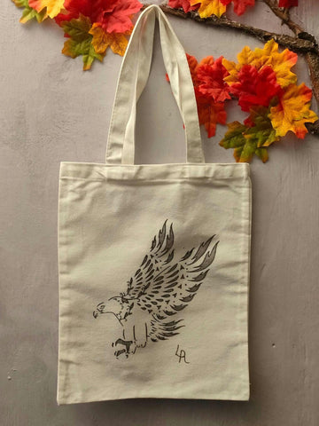 New Hand Painted Canvas Tote Bag ... Grey Eagle Stenciled Design