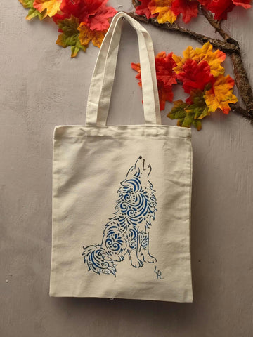 New Hand Painted Canvas Tote Bag ... Blue Howling Wolf